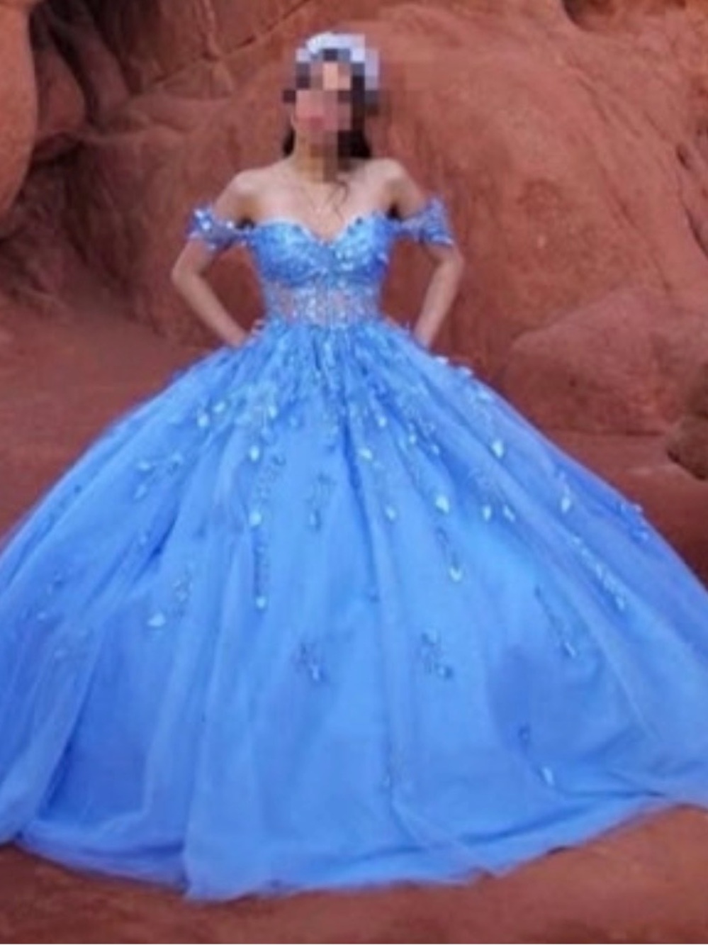Blue Off-Shoulder Beaded Tulle Maxi Dress Quinceañera